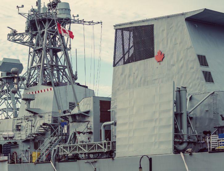Close up of a Canadian Navy warship docked on the Halifax Waterfront